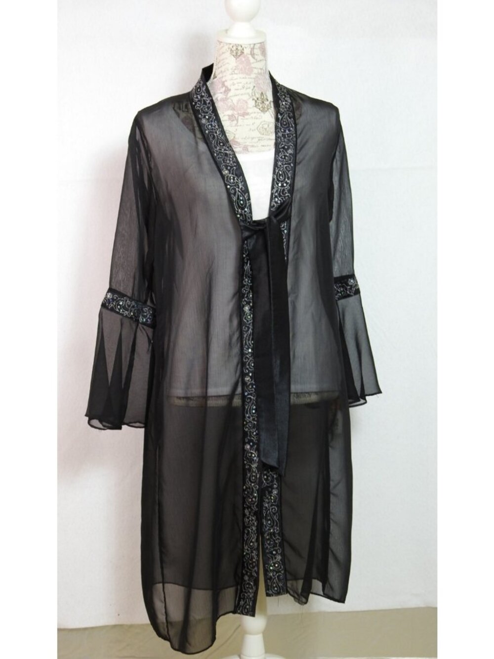 Vintage Robe Black Yasmin Sheer Kimono Duster Sz XL Trim Tie Front Boho Sexy - Picture 2 of 12